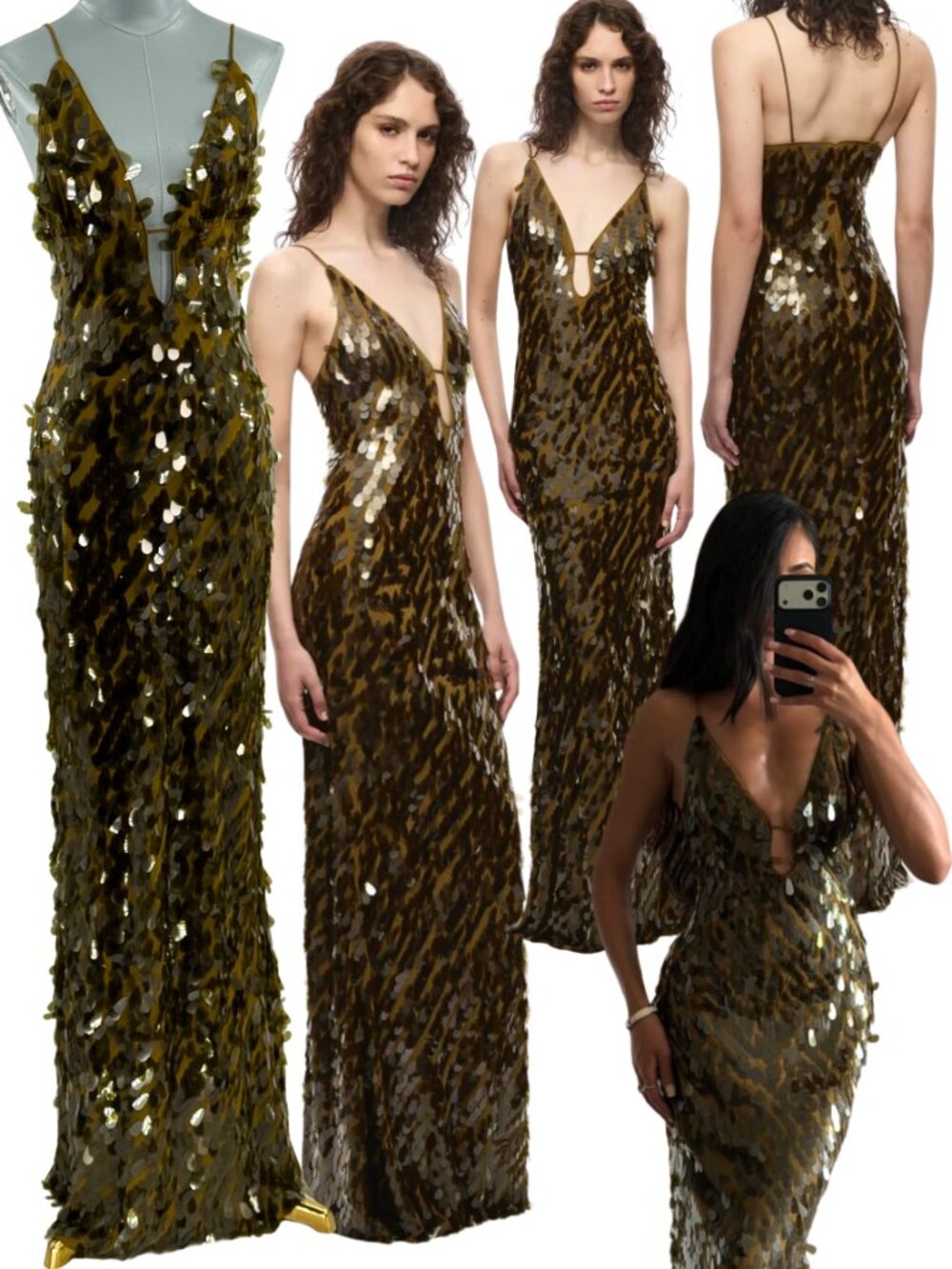 🆕 MISHA COLLECTION 🧿 NWOT Sapphire Sequins Maxi Dress, Olive - Sz L US 8